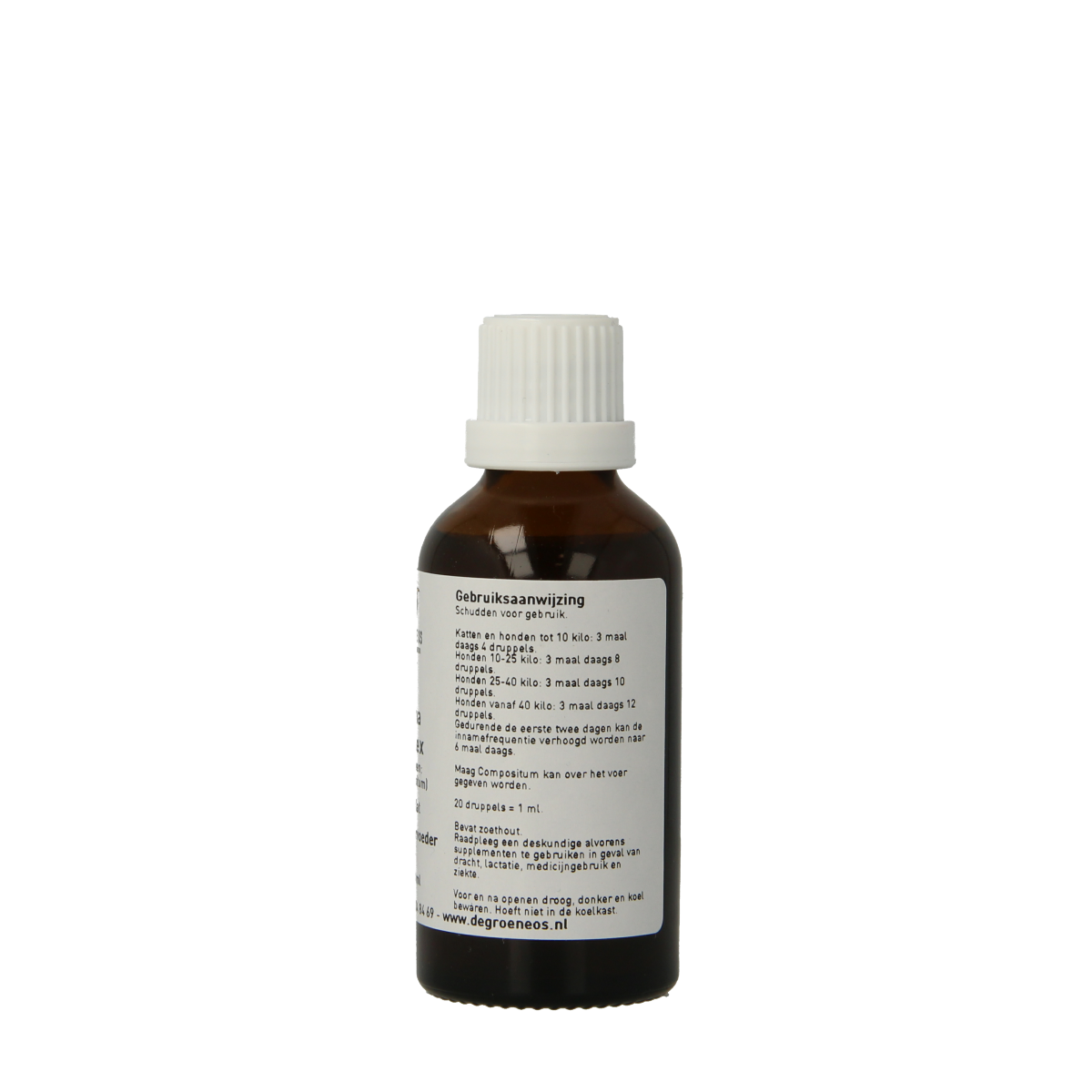 Groene Os Menta complex for dogs and cats, 50ml, natural pet supplement with mint ingredients, in a clear bottle with a dropper cap.