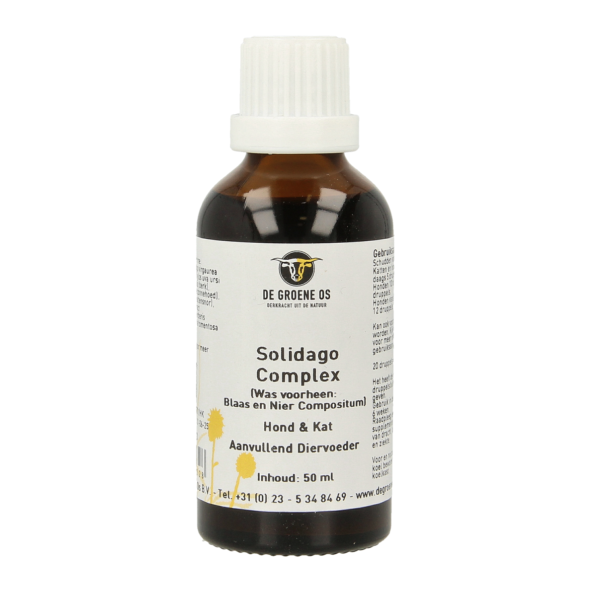 Groene Os Solidago complex voedingssupplement voor hond en kat, 50 ml, witte en groene flacon with label