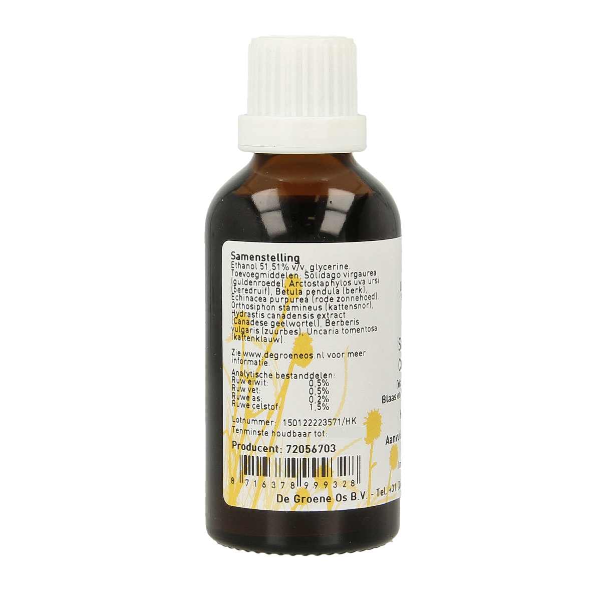 Groene Os Solidago complex for dogs and cats in a 50ml bottle, natural dietary supplement for pet health and wellness.