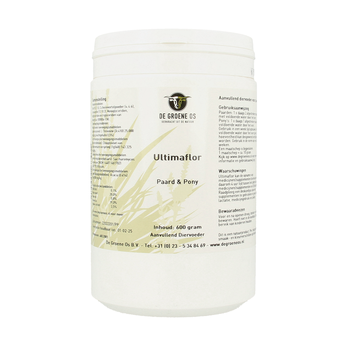 Groene Os Ultimaflor paard/pony voedingssupplement in 600g container, natural supplement for horse and pony health.