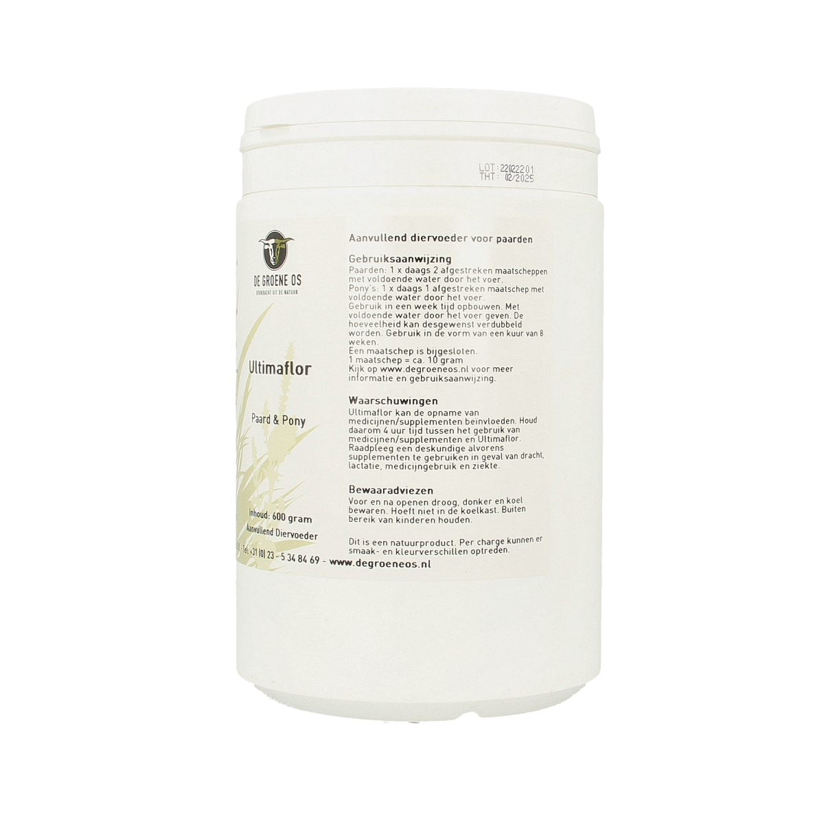Groene Os Ultimaflor paard/pony voedingssupplement in 600g container, natural animal supplement for horses and ponies.