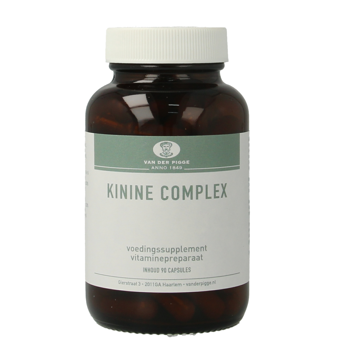 Van der Pigge Kinine Complex capsules, herbal supplement in a clear plastic bottle with a white label, 90 capsules.