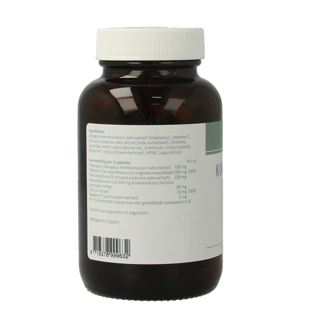 Van der Pigge Kinine complex herbal capsules in a bottle, natural supplement for wellness, with label showing product details.