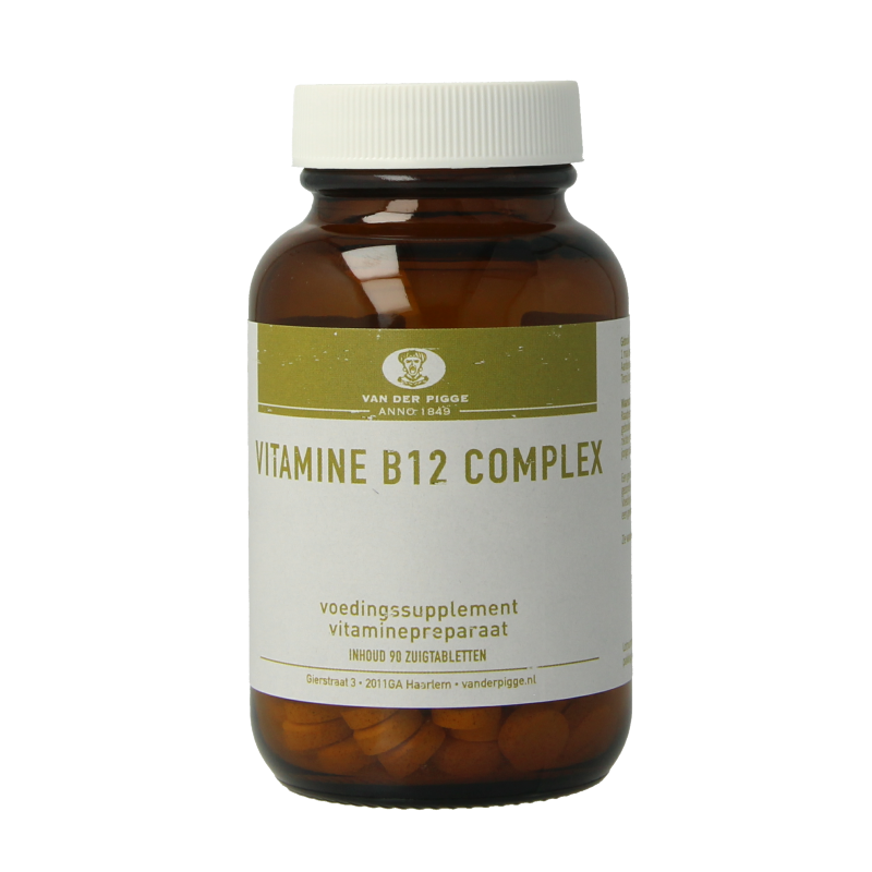 Van der Pigge Vitamin B12 complex 90 chewable tablets, close-up of the supplement packaging and tablets on a white background.
