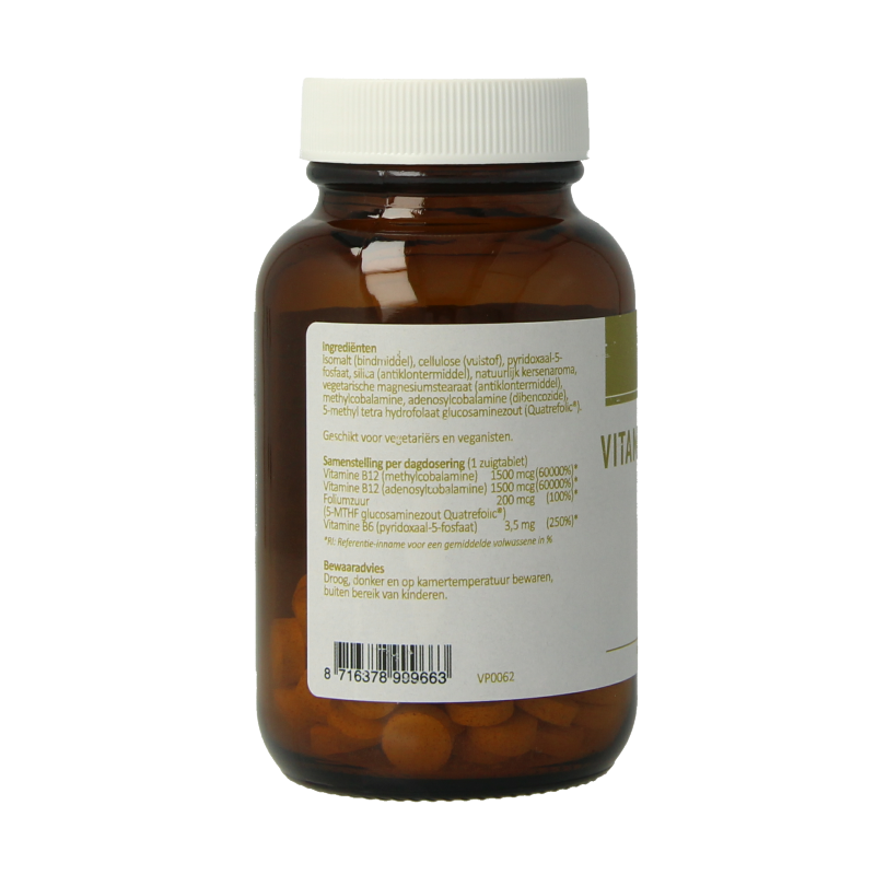 Van der Pigge Vitamin B12 complex 90 chewable tablets, orange-flavored dietary supplement for energy and vitamin B12 support.