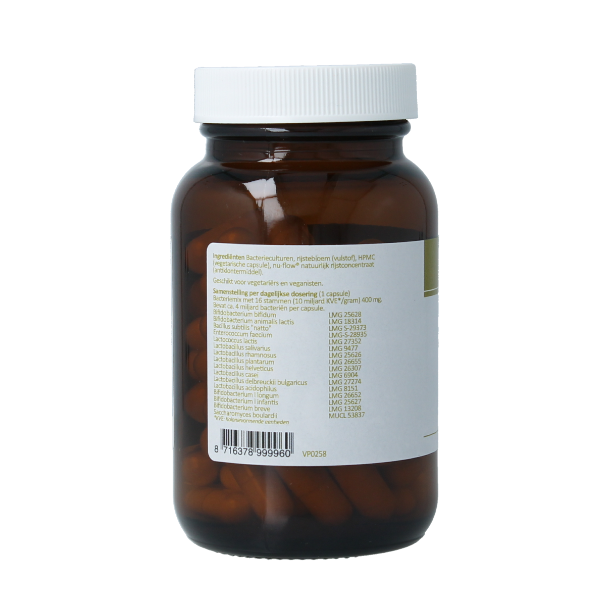 Van der Pigge Multiflor 60 capsules of micro-organisms supplement in a clear container, highlighting the product's packaging.