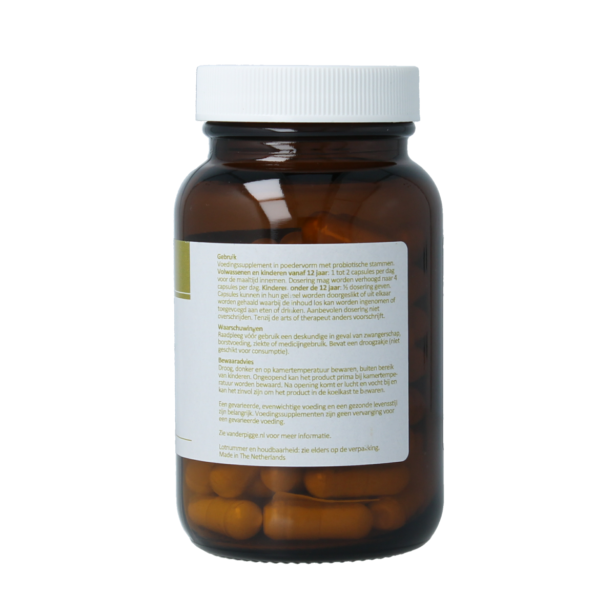 Van der Pigge Multiflor 60 capsules of micro-organisms in a clear bottle, with white cap and label displaying product details.