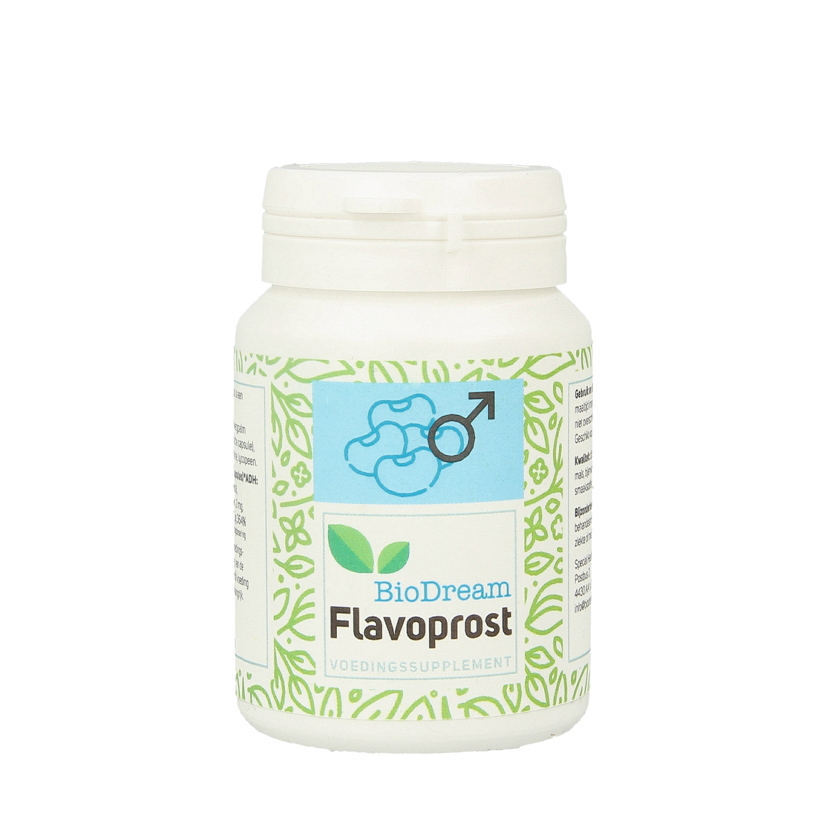 Biodream Flavoprost herbal capsules in a clear container, showing 60 capsules of Kruidenpreparaten brand.