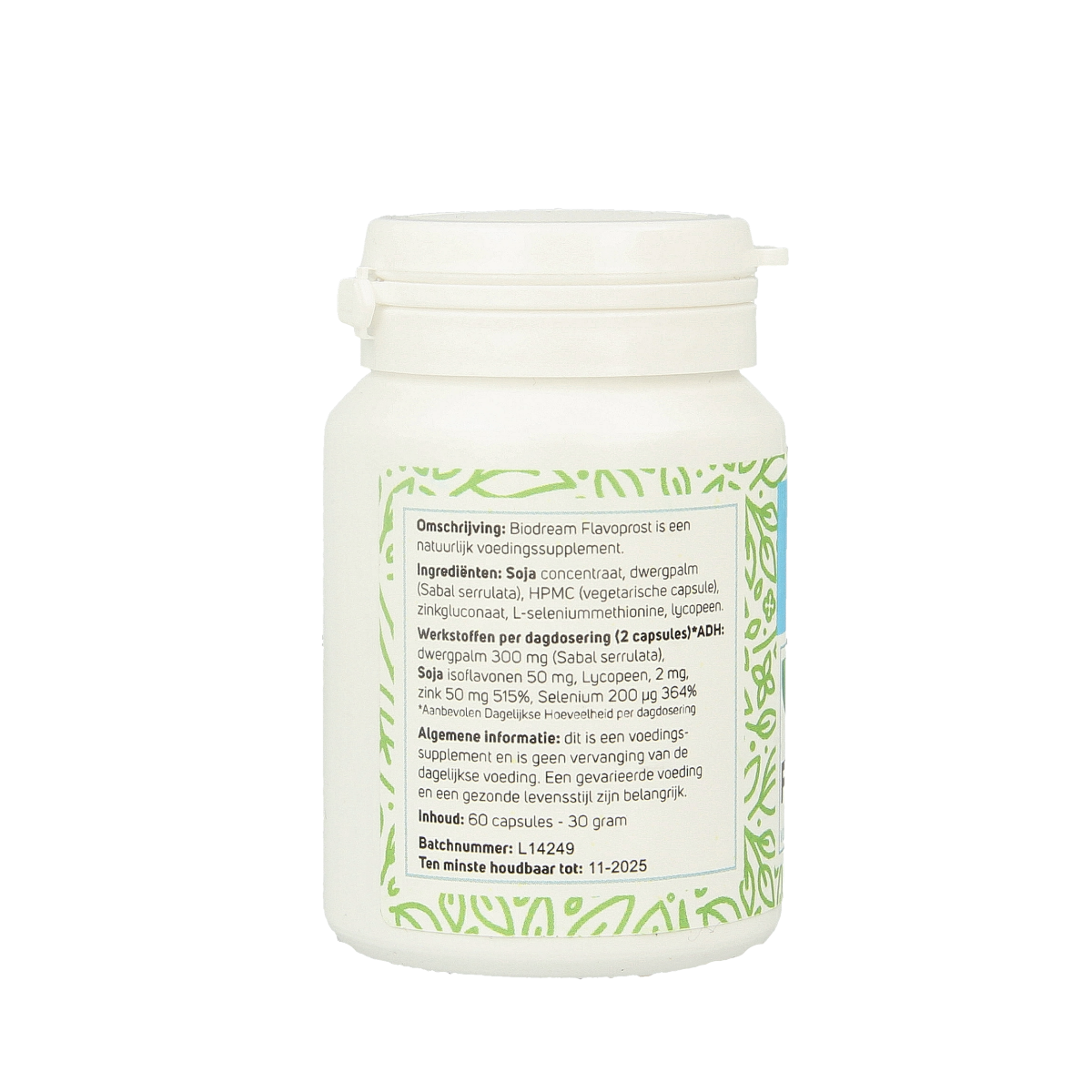 Biodream Flavoprost herbal supplement capsules, 60-count, natural kruidpreparaten product with green capsule packaging.