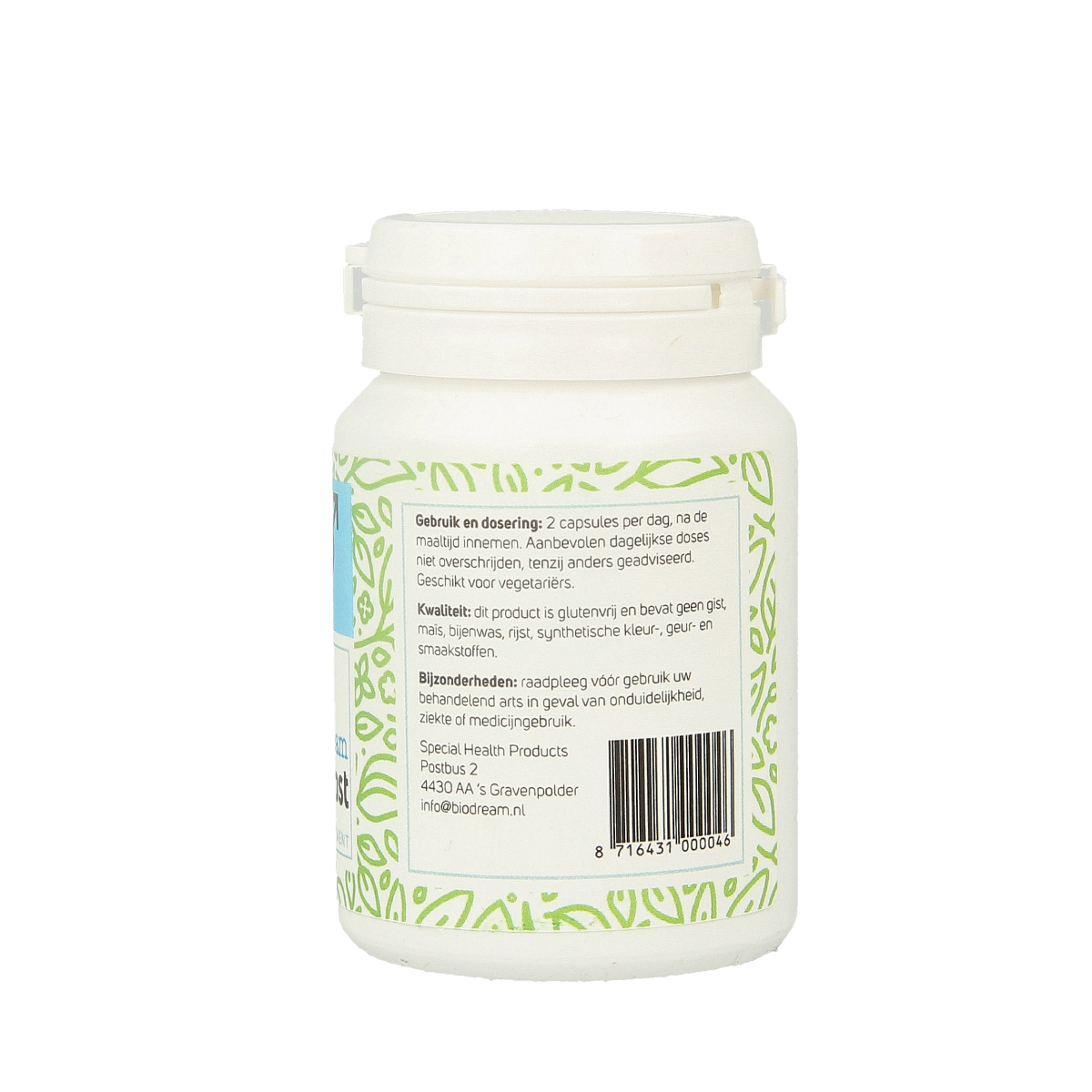 Biodream Flavoprost Kruidenpreparaten capsules in a bottle, herbal supplement packaging with product label and capsules visible