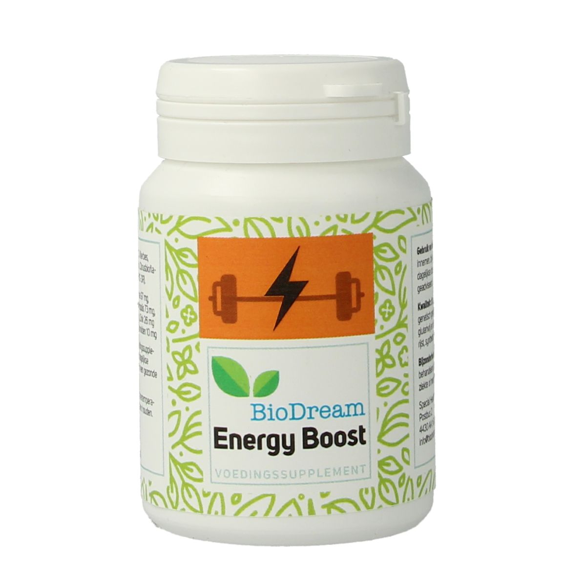 Biodream Energy Boost capsules, dietary supplement with herbal ingredients, 60 capsules in a clear bottle.