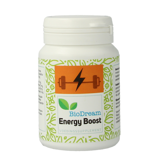 Biodream Energy Boost capsules, dietary supplement with herbal ingredients, 60 capsules in a clear bottle.