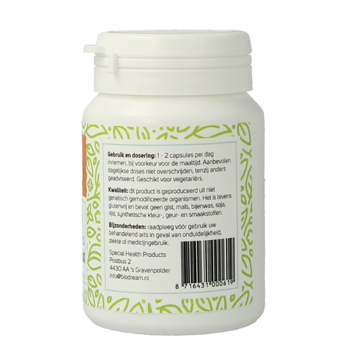 Biodream Energy Boost capsules, dietary supplement with herbal ingredients, in a clear bottle with label and capsules visible.