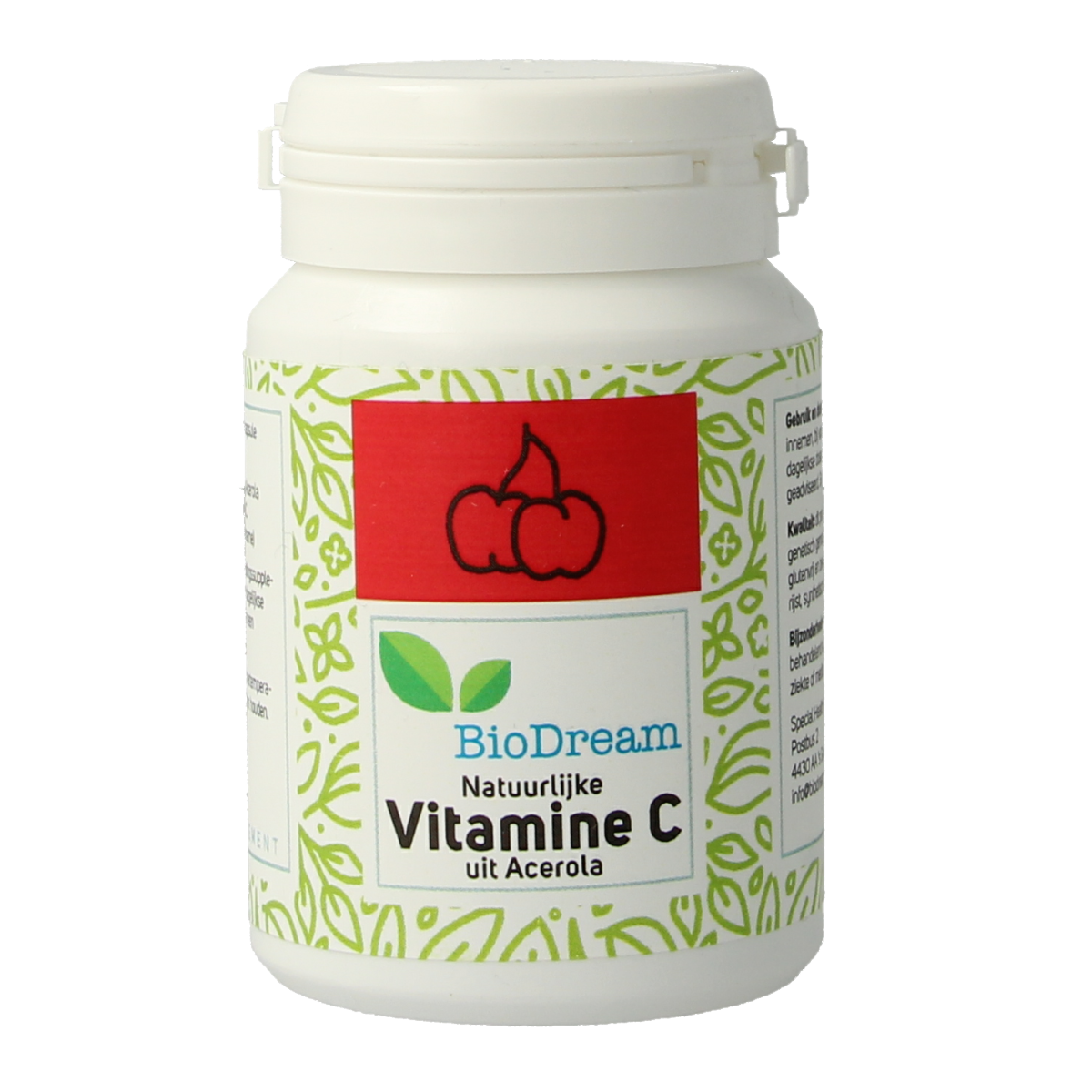 Biodream Vitamine C uit acerola capsules, 60 capsules, close-up of the supplement bottle with label details.