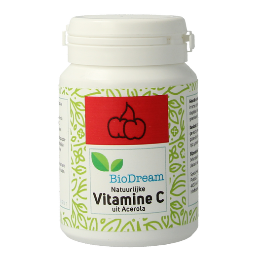 Biodream Vitamine C uit acerola capsules, 60 capsules, close-up of the supplement bottle with label details.