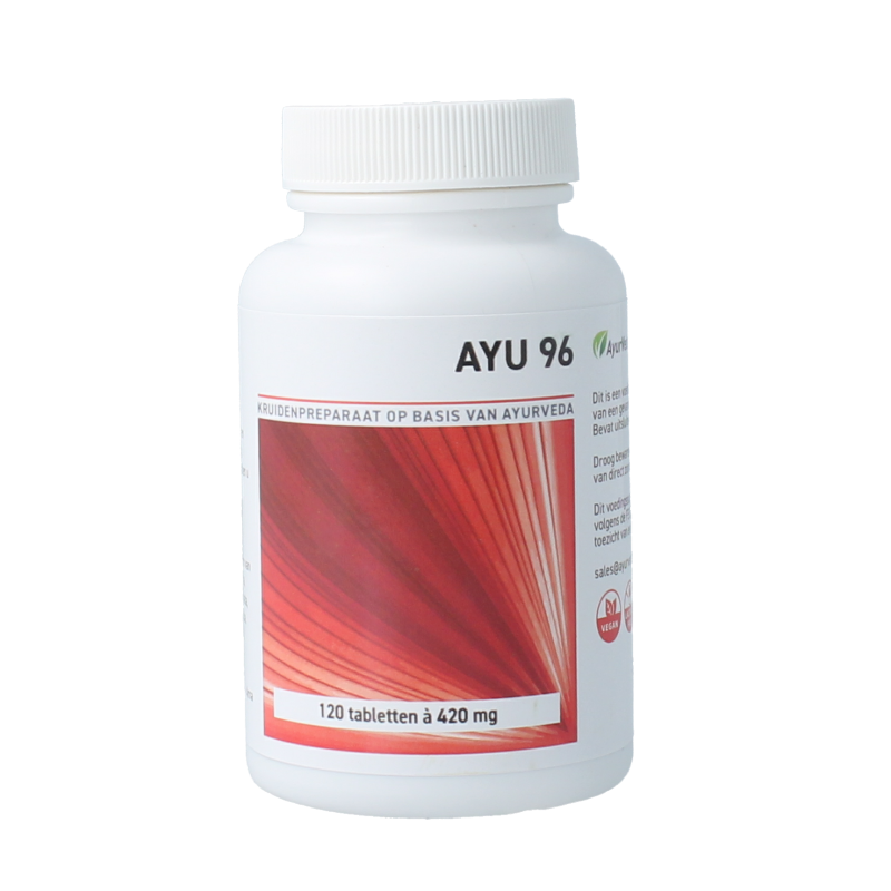 Ayurveda Health Ayu 96-120 herbal tablets, natural kruidenpreparaten, displayed in a clear container with tablets visible.