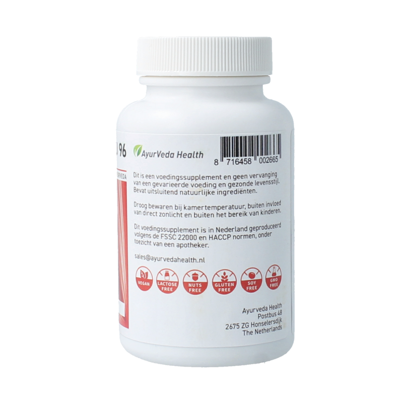 Ayurveda Health Ayu 96 120 tabletten herbal supplement in a clear bottle with label, showcasing natural ingredients.