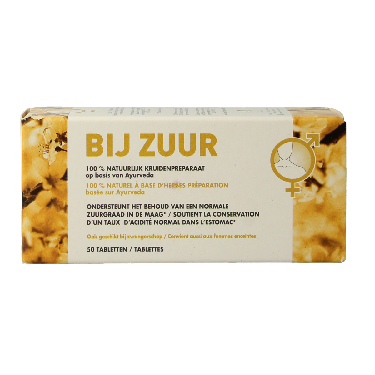 Ayu Care Bij zuur herbal supplement tablets in a clear blister pack, labeled as Ayu Care Kruidenpreparaten, 50 tablets.