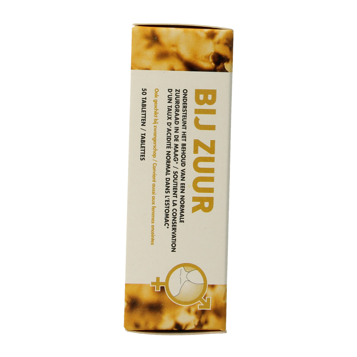 Ayu Care Bij zuur herbal supplement tablets in a clear blister pack, showing the round, white tablets for digestive support.