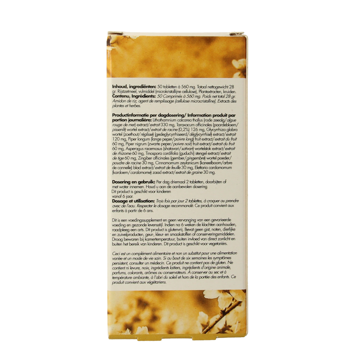 Ayu Care Bij zuur herbal supplement bottles with 50 tablets, natural herbal preparations for digestive health.