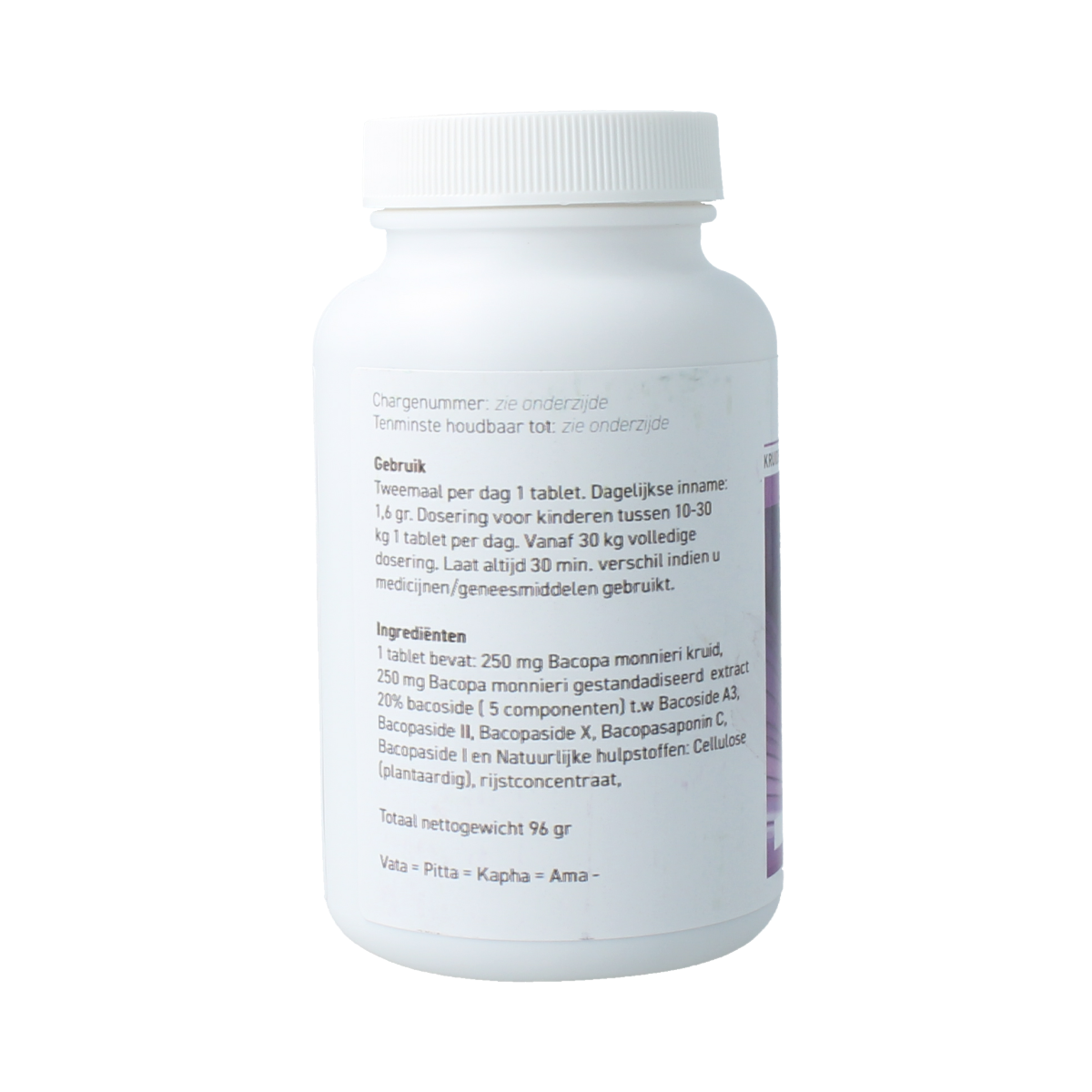Ayurveda Health Brahmi herbal tablets in a bottle, natural herbal kruidpreparaten supplement for cognitive health.