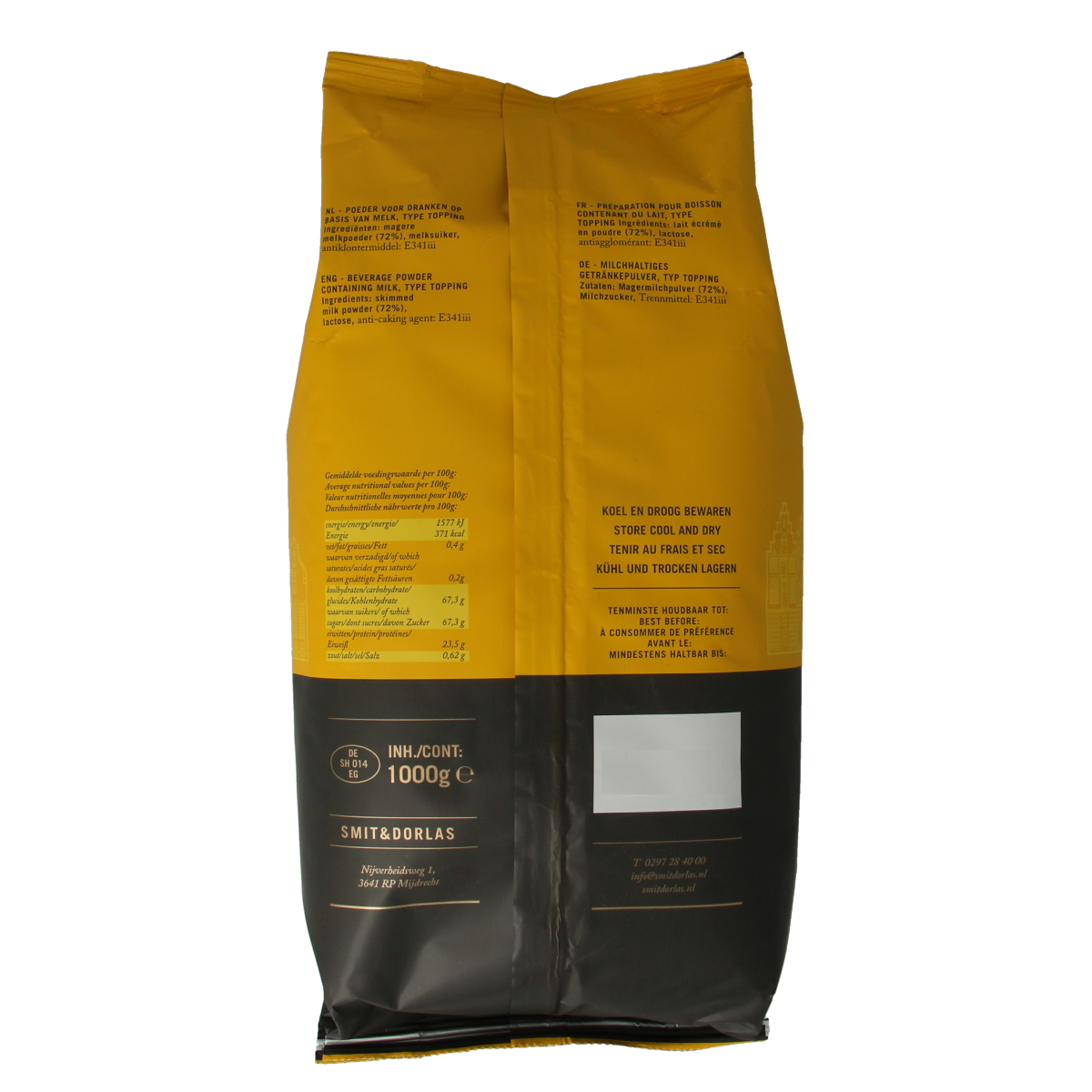 Smit & Dorlas cappuccino topping in a 1kg container, ideal for coffee and tea beverages, with a light, creamy texture.