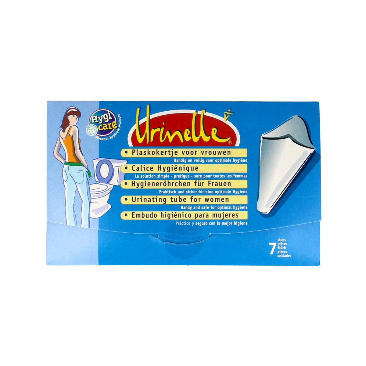Urinelle Hygicare 7-pack of instrument plaskokers, medical tools for urine collection, with brand name and barcode visible.