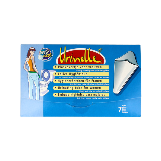 Urinelle Hygicare 7-pack of instrument plaskokers, medical tools for urine collection, with brand name and barcode visible.