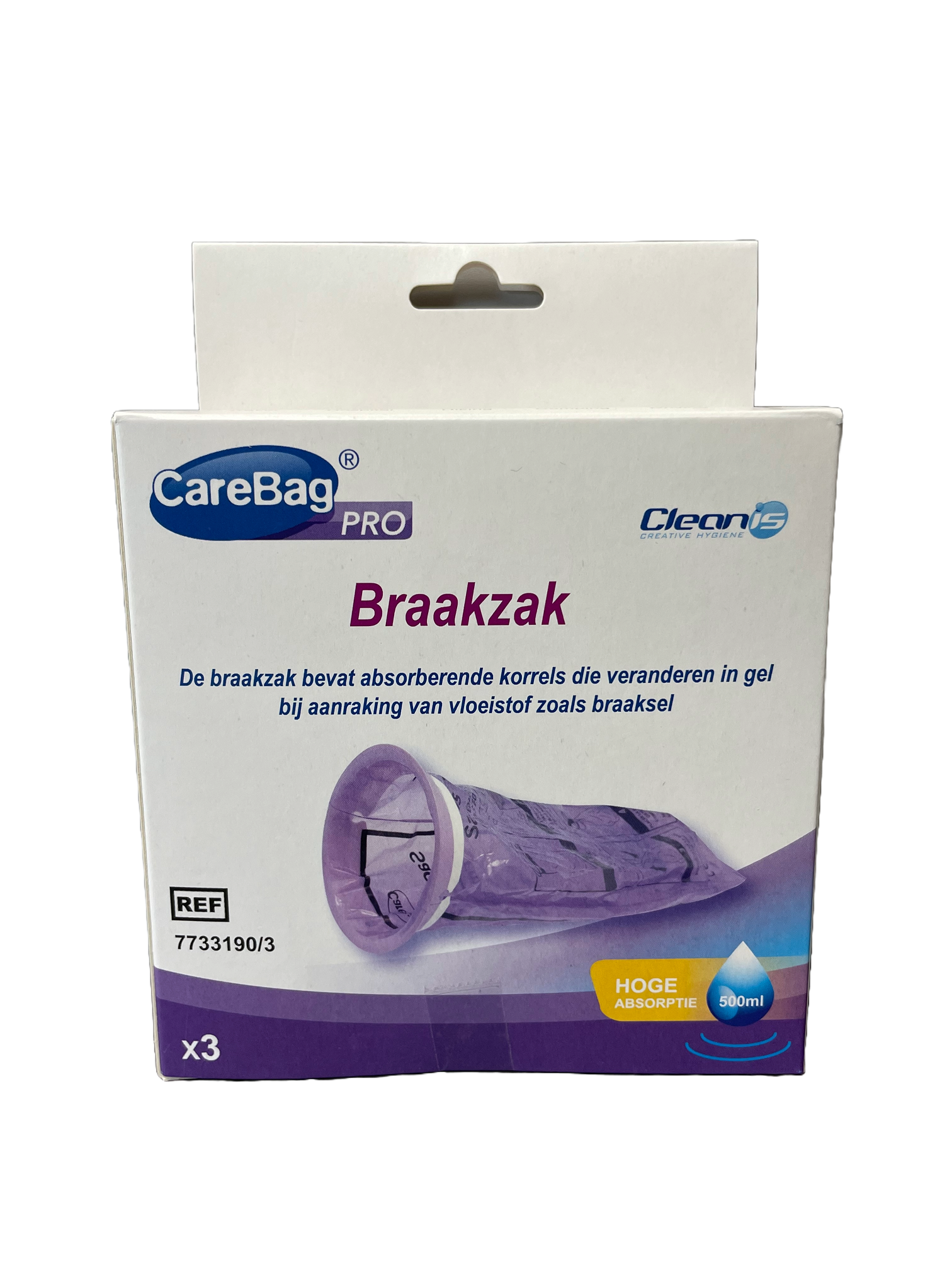 CareBag Braakzak pro 500ml travel accessories pack with three reusable storage bags, ideal for organizing liquids during trips.