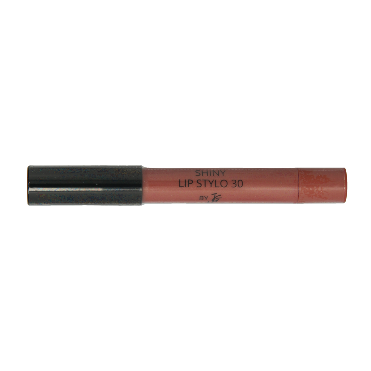 Shiny lip stylo in shade 30 by John van G, showcasing smooth, glossy lipstick application in a sleek makeup product image.