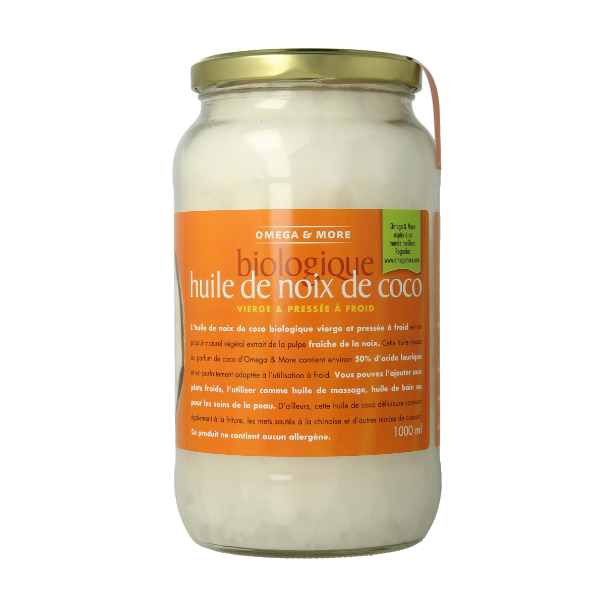 Omega & More extra virgin organic coconut oil in a 1000ml bottle, showcasing clear glass container with golden coconut oil inside.