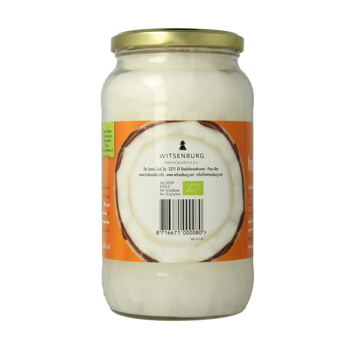 Omega & More extra virgin organic coconut oil in a 1000ml bottle, showing the clear glass container with the label visible.