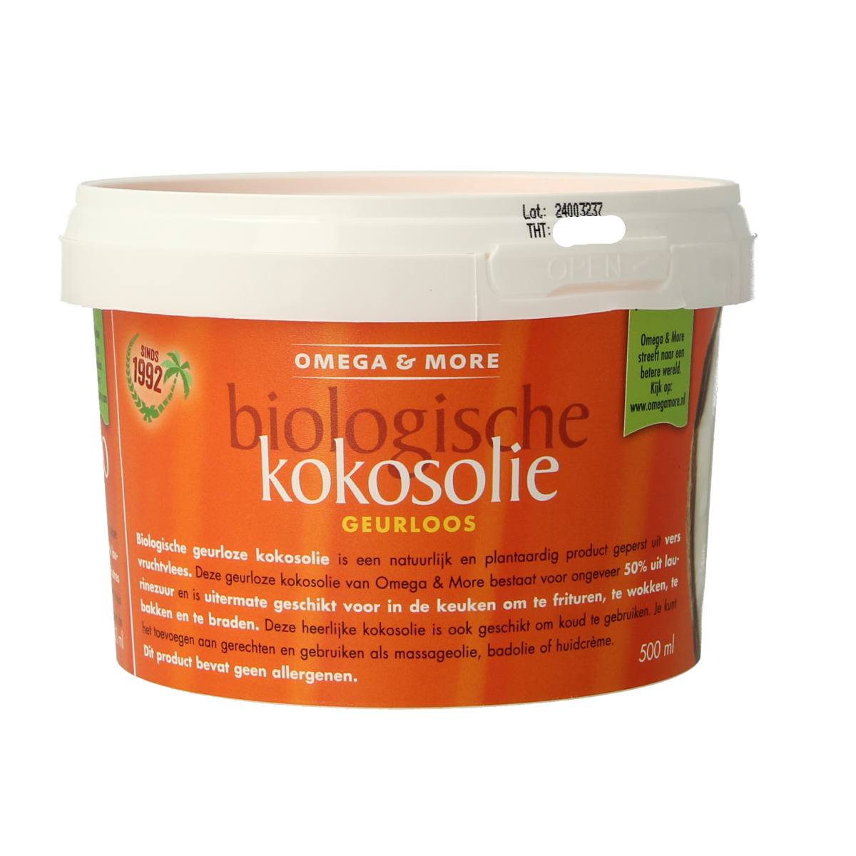 Unlabeled organic, odorless coconut oil from Omega & More in a 500ml bottle, suitable for cooking and skincare.