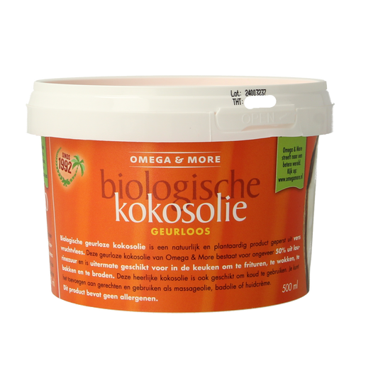Unlabeled organic, odorless coconut oil from Omega & More in a 500ml bottle, suitable for cooking and skincare.