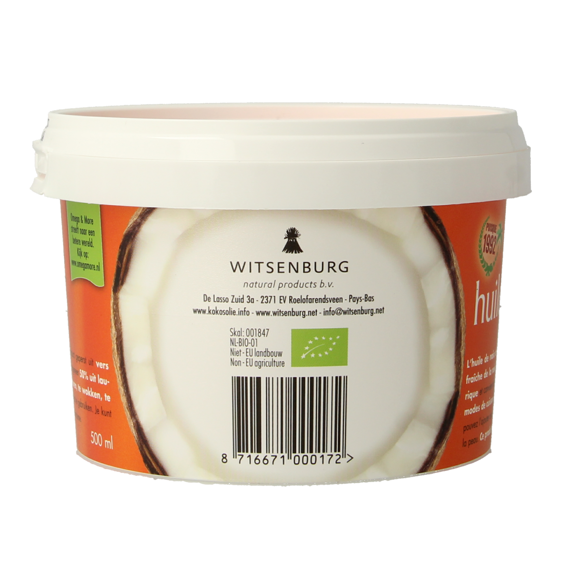 Omega & More organic unscented coconut oil in a 500ml bottle, natural cooking oil with versatile uses.