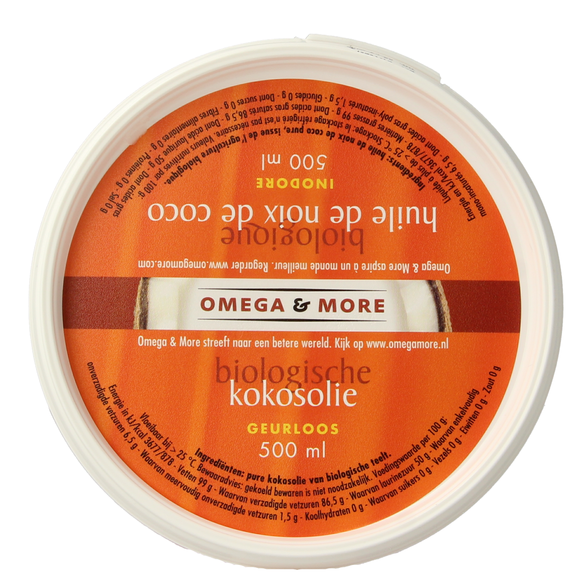 Unlabeled transparent bottle of Omega & More organic, odorless coconut oil, 500ml, in a clear plastic container with a white cap.