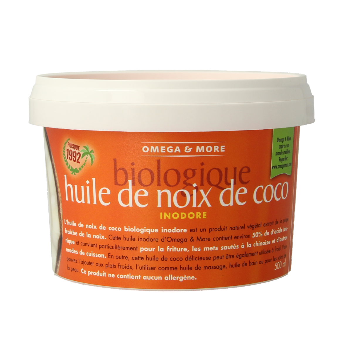 Omega & More bio kokosolie geurloos, 500ml, naturel flavor, odorless coconut oil in a 500ml bottle.