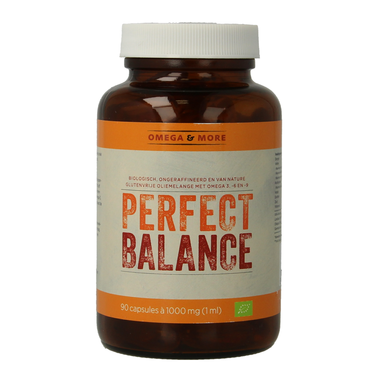 Omega & More Perfect Balance Bio Vetzuren softgels in a bottle, showcasing the supplement's softgel capsules and label.