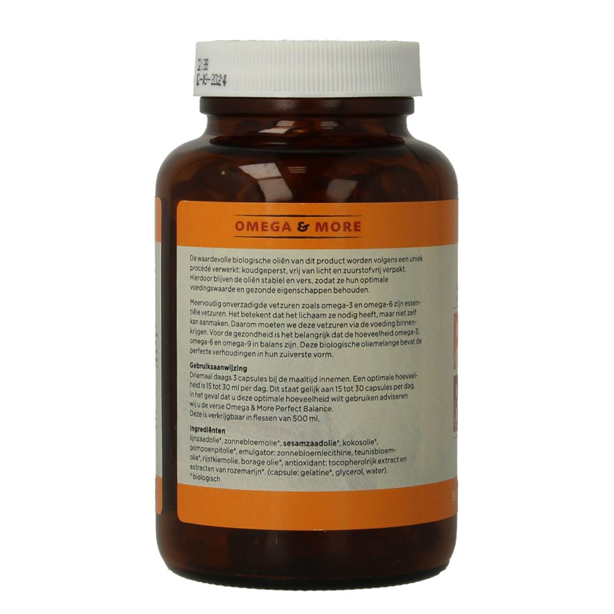Omega & More Perfect Balance Bio Vetzuren softgels in a clear bottle, showing golden softgel capsules on a white background.