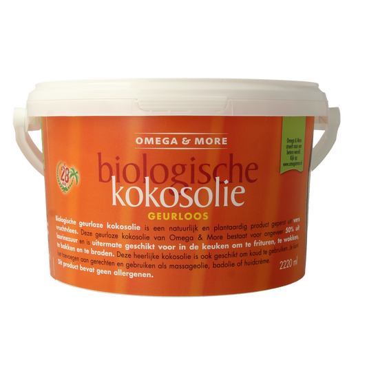 Omega & More bio odorless coconut oil 2 kg in a clear container, showing the transparent, golden liquid suitable for cooking and skincare.