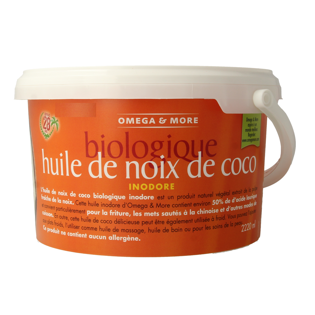 Unblended, odorless organic coconut oil by Omega & More in a 2 kg (2220 ml) container, ideal for cooking and skincare.