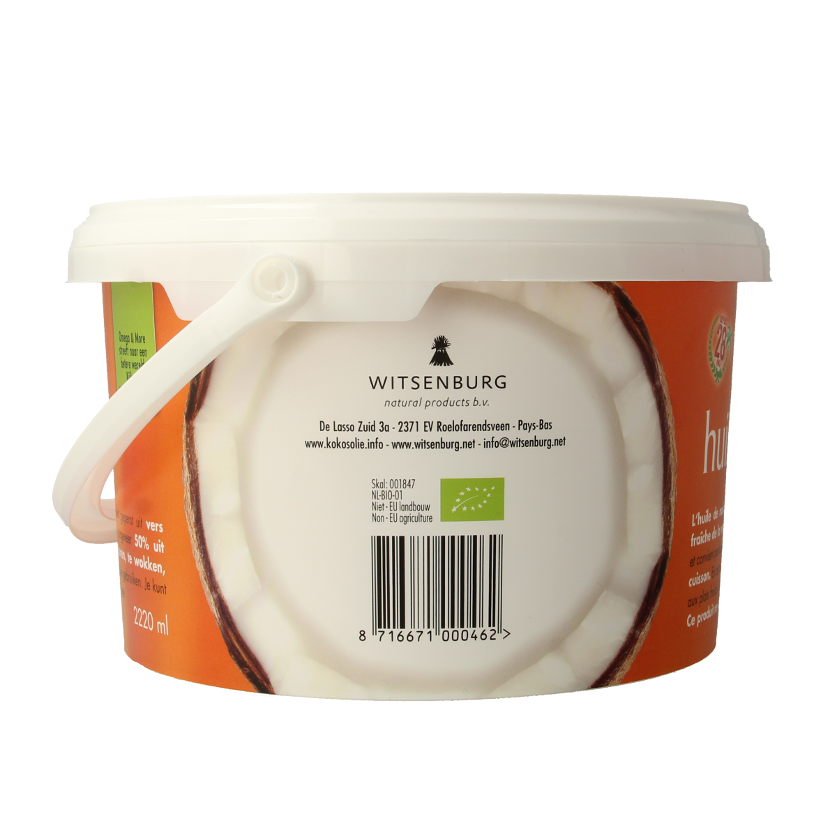 Omega & More bio kokosolie geurloos, 2kg, transparent container showcasing clear, odorless coconut oil from the brand Omega & More.