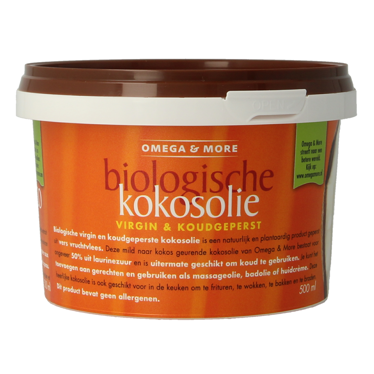 Omega & More extra virgin organic coconut oil in a 500ml bottle, shown in a clear image highlighting the product label and packaging.
