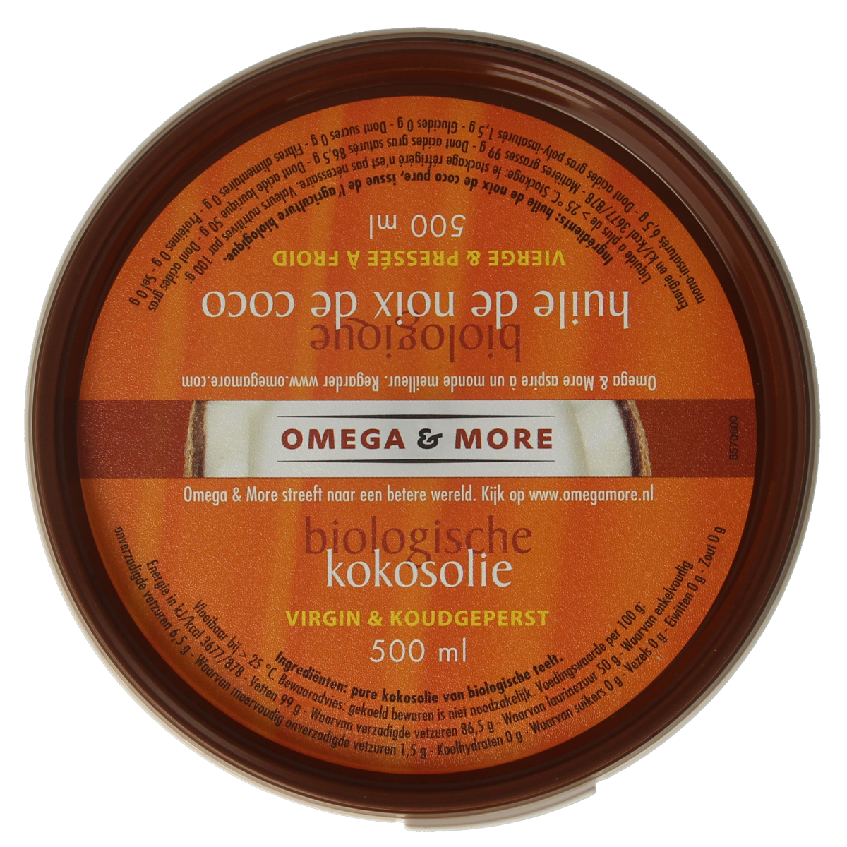 Omega & More extra virgin bio coconut oil in a 500ml bottle, showing the label and transparent container.