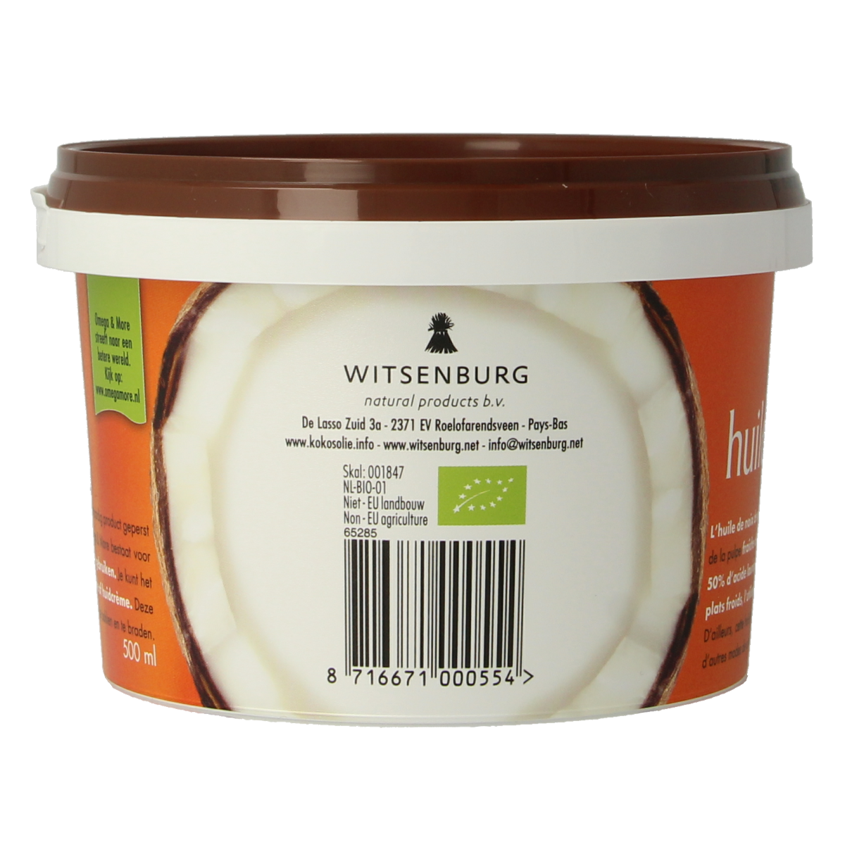 Organic extra virgin coconut oil by Omega & More in a 500ml bottle, showing a clear container of coconut oil.