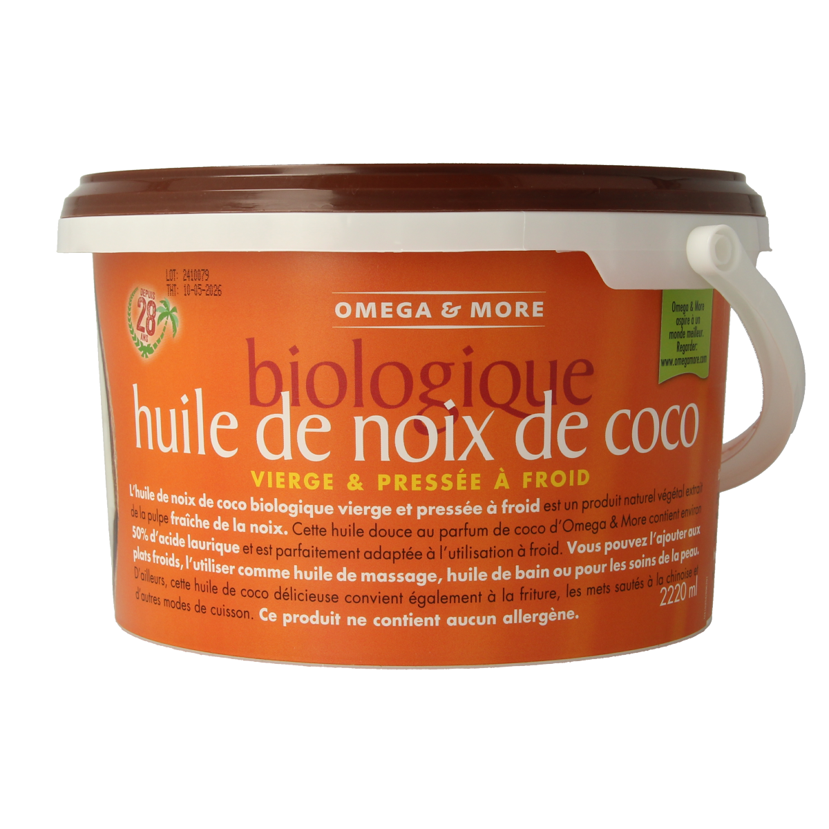 Bottle of Omega & More extra virgin organic coconut oil in a 2220ml container, showing the label and transparent packaging.