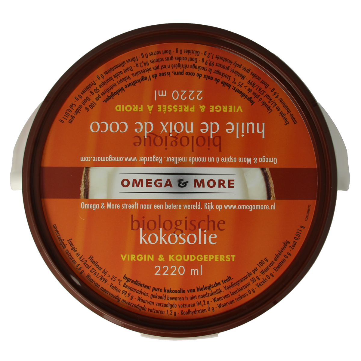 Omega & More extra virgin organic coconut oil in a 2220ml bottle, showing the product label and clear container.