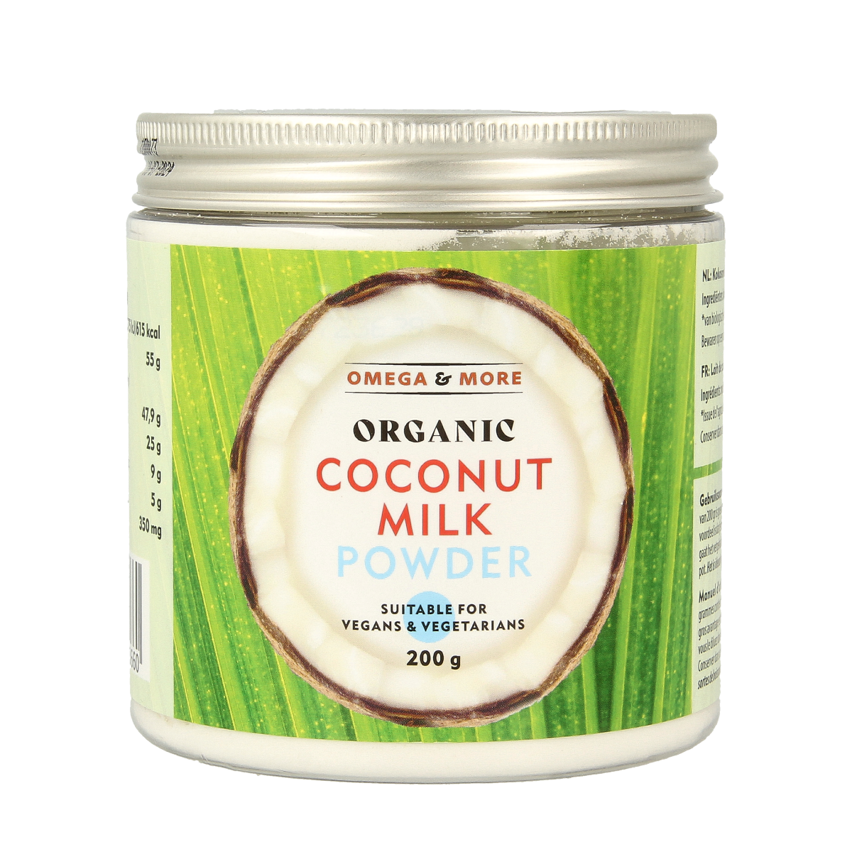 Vegan organic coconut milk powder by Omega & More, 200g, raw superfood in a resealable package.
