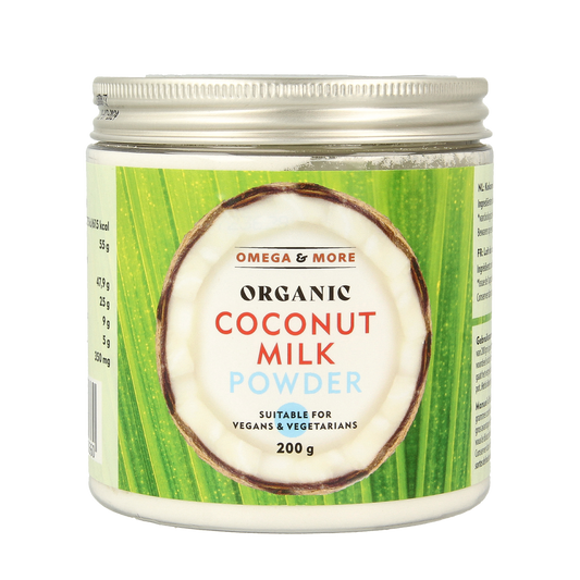 Vegan organic coconut milk powder by Omega & More, 200g, raw superfood in a resealable package.