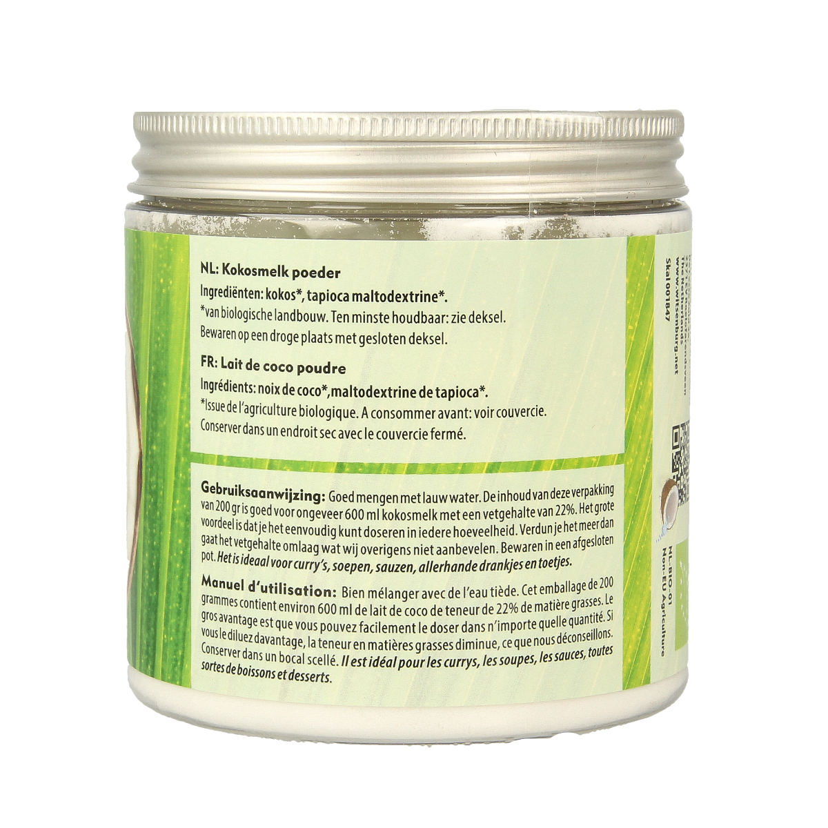 Vegan organic coconut milk powder by Omega & More, 200g, raw superfood in a resealable bag.